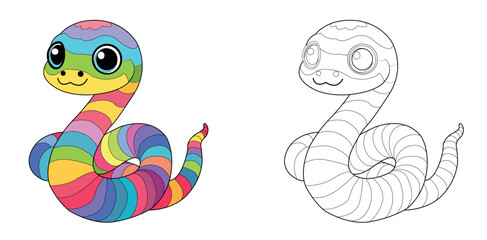 Colorful children's snake in cartoon style. Black and white vector illustration for coloring books. Coloring book for children..