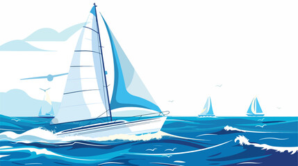 Yacht regatta on wave blue sea ocean vector template. - obrazy, fototapety, plakaty