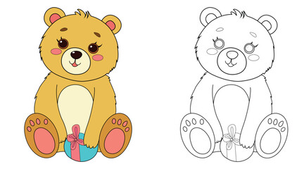Fototapeta premium Colorful children's bear in cartoon style. Black and white vector illustration for coloring books. Coloring book for children.