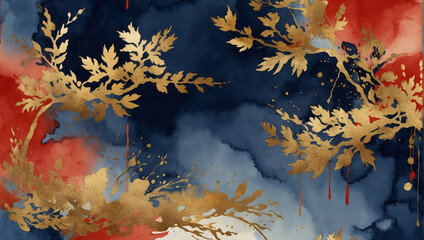 Oriental Charm Abstract Watercolor Background in Navy, Vermilion, and Gold Leaf.