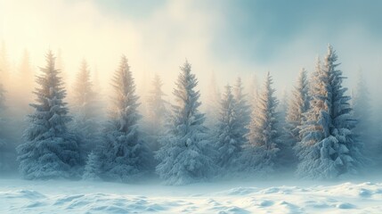   A grove of trees, shrouded in fog and blanketed by snow, as the sun breaks through their branches - obrazy, fototapety, plakaty