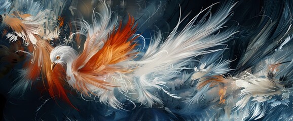 Apricot plumes swirling in harmony with a backdrop of midnight blue and celestial silver.