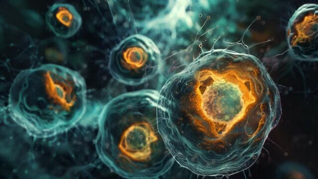 An image of a cell undergoing apoptosis with notable changes in its mitochondria such as swelling and release of cytochrome c a key . AI generation.