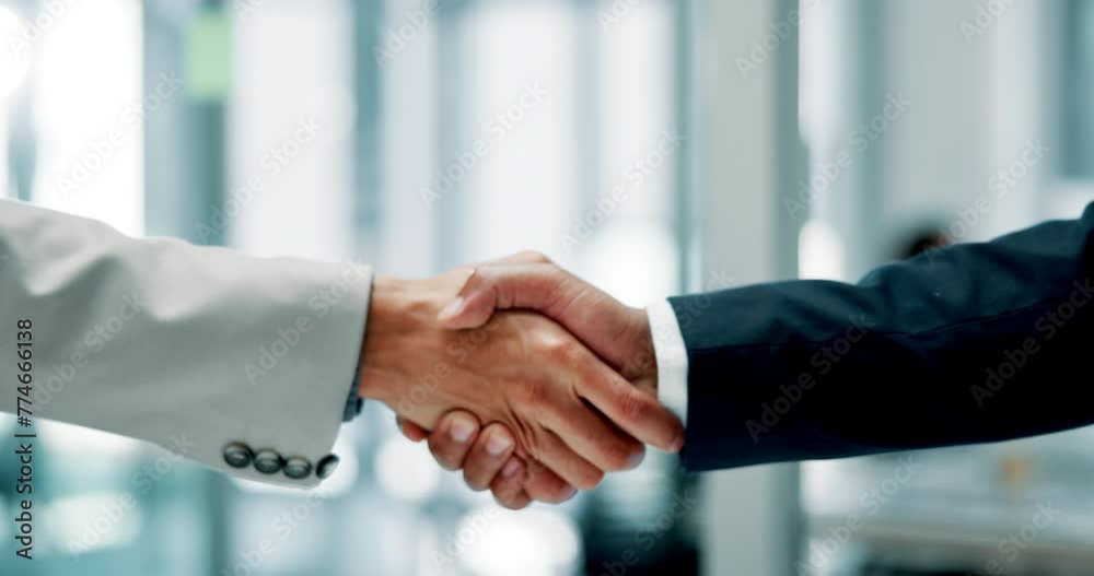 Poster Meeting, shaking hands and business people in office for interview, welcome or onboarding for b2b collaboration. Partnership, handshake and men in planning for proposal agreement, consulting or deal.