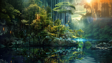 Mystical Forest with a Luminous Waterfall and Lake
.A fantastical forest scene with glowing waterfalls and a tranquil lake reflecting the enchanting light and lush greenery.
