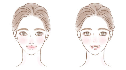 女性の顔アップのイラストセット　きれいめ手描き　水彩風