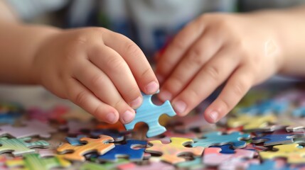 Autism and autism Boy's hands connecting a jigsaw puzzle. Autism and other developmental, communication and social behavior disorders. - obrazy, fototapety, plakaty