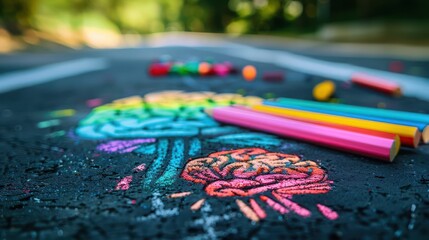 Chalk drawing of human structure showing brain activity on asphalt. Autism and autistic developmental disorders are symbols of psychology, communication and social behavior.