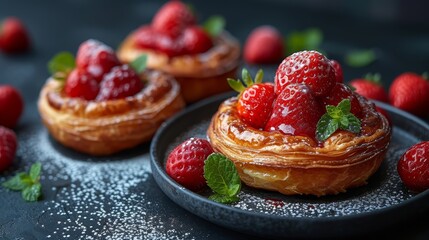   A tight shot of a pastry on a plate, garnished with strawberries and mint leaves