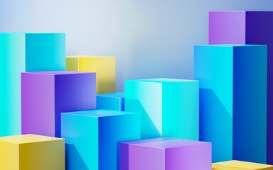 Obraz premium Blue multiple color podium platforms, 3d realistic square multiple pedestals mockup for cosmetic product presentations minimalistic modern design Professional showcase for marketing and branding event