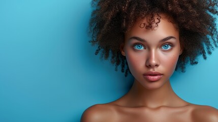   A woman with curly afro hairstyle and blue eyes is depicted in a tight shot, situated before a blue backdrop