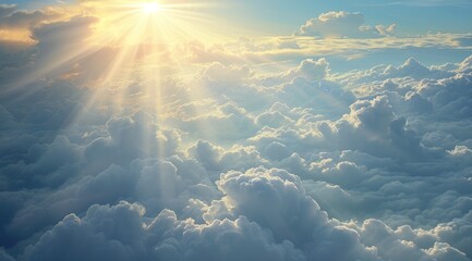   The sun brilliantly penetrates cloud formations, illuminating the sky from an airplane window on a radiant day - obrazy, fototapety, plakaty