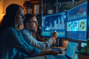 A man and a woman sitting in front of a computer display looking at charts