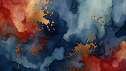 Oriental Opulence Abstract Watercolor Background in Indigo, Scarlet, and Copper. - obrazy, fototapety, plakaty