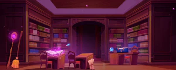 Foto op Aluminium Magic school library interior. Vector cartoon illustration of dark room with vintage bookcases, many books on shelves, spellbook on desk, broomstick and staff with gemstone, fortunetelling crystal © klyaksun