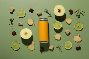 Ginger root, apples and lime pieces and tin can on green background, top view