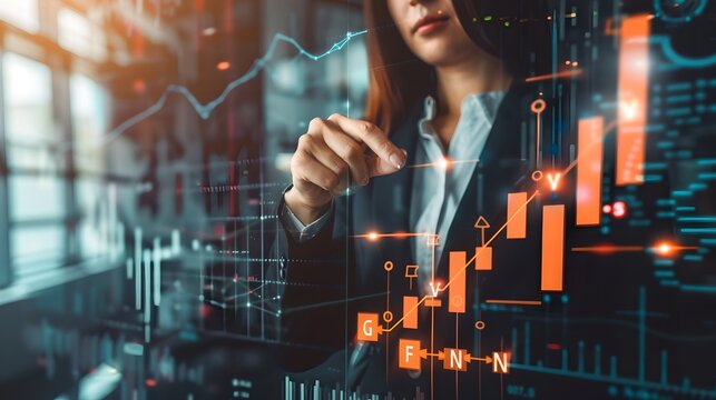 Businesswoman Analyzing Growth on Futuristic Digital Interface. Financial Visual Data Display Concept. Stock Market Trends and Trading. Digital Technology in Corporate Finance Analysis. AI