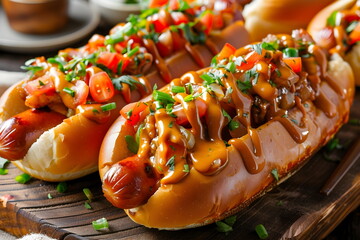 Closeup of a hotdog on a wooden plate with vegetable toppings - obrazy, fototapety, plakaty