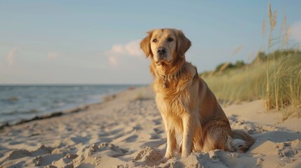 Serenity by the Sea: Reflective Golden Retriever Enjoys Coastal Bliss - Generative AI