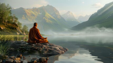 A meditating monk sits on a rock beside the water.
