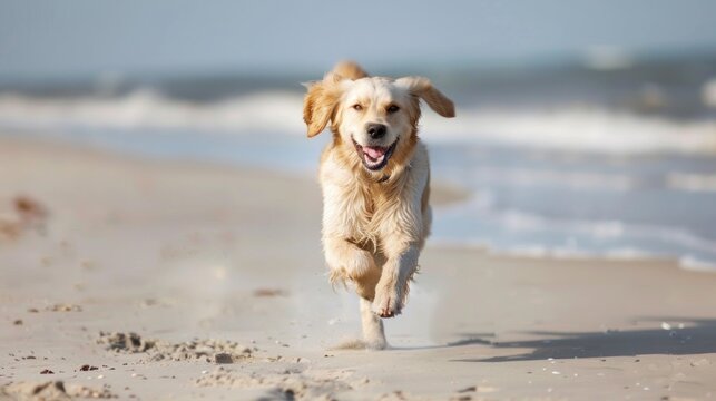 Joyful Sprint Along the Shore: Golden Retriever Embraces Beachside Fun - Generative AI