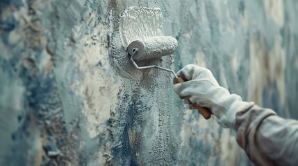 Within the context of real estate, a painter's hand, cloaked in a white glove, meticulously coats a wall with fresh paint, symbolizing the anticipation and excitement of a new home