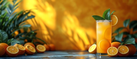   A tall glass holding orange juice sits on a table Oranges and green leaves encircle it Behind is a yellow wall - obrazy, fototapety, plakaty