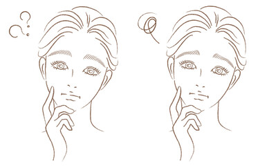 困った女性の顔アップのイラストセット　きれいめ手描き　線画のみ