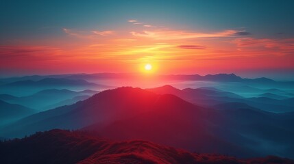   A sunset view of a mountain range with the sun rising over the mountains in the foreground - obrazy, fototapety, plakaty