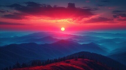   A sunset view of a mountain range with a red sun overhead