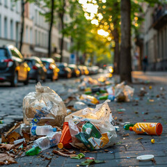 Anti-Litter Campaign Scene.  Generated Image.  A digital rendering of discarded litter on a public street as part of an anti-litter campaign.