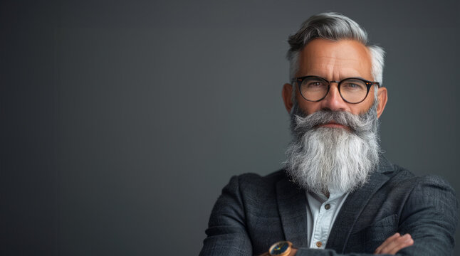 A man with a beard and glasses is smiling for the camera. He is wearing a gray suit and a white shirt. a whitebeard well presented man with glasses is a professional project manager