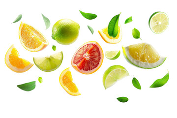 Oranges and lemon lime with half slices falling or floating in the air with green leaves isolated on background, Fresh organic fruit with high vitamins and minerals. - obrazy, fototapety, plakaty