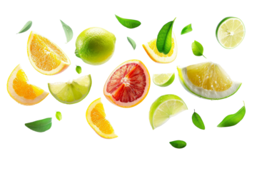 Oranges and lemon lime with half slices falling or floating in the air with green leaves isolated on background, Fresh organic fruit with high vitamins and minerals.