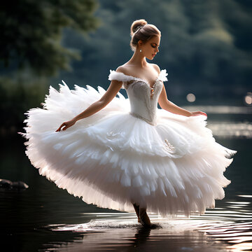 a graceful swan who dreams of becoming a famous ballerina practicing elegant ballet moves by the lake