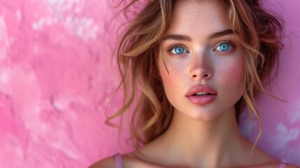 Naklejka premium A woman with freckled hair and blue eyes stands before a pink-painted wall for a photograph