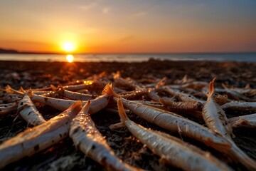 Dried fish with sunset background