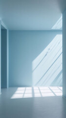 Vertical background pale blue color clean walls in an empty room with shadows, monochrome, minimalistic style