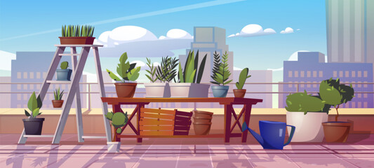 Plant garden on urban home balcony cartoon vector. House veranda or rooftop with flower pot on shelf. Outdoor patio exterior for greenhouse and sprout grow hobby. Cute modern apartment porch view