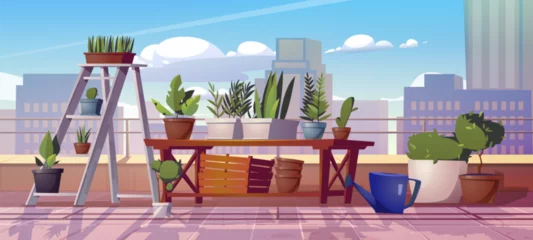 Gordijnen Plant garden on urban home balcony cartoon vector. House veranda or rooftop with flower pot on shelf. Outdoor patio exterior for greenhouse and sprout grow hobby. Cute modern apartment porch view © klyaksun