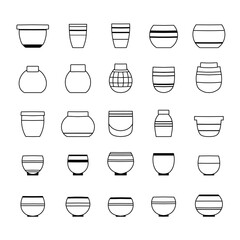 Vector set of contour ceramic flowerpots isolated from background. Monochrome contour collection clip art of various clay vases icons for pottery workshop, hobby studios. - 774668745
