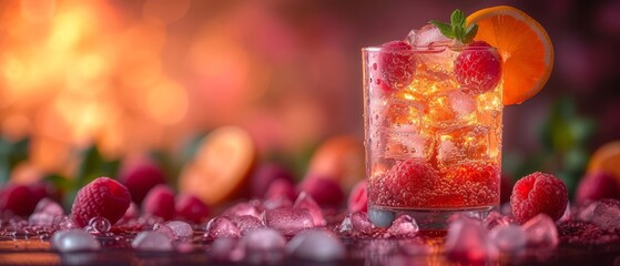   Two glasses, each holding ice and fruit, situated on separate tables - obrazy, fototapety, plakaty
