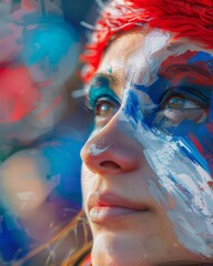 Vibrant face-painted sports fan cheering at a stadium event. Football match