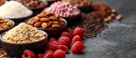   A tight shot of bowls filled with raspberries, almonds, chocolate, and various toppings