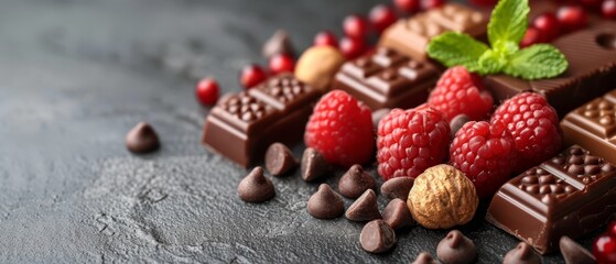   A chocolate bar with raspberries, nuts, and mint atop a slate surface - a mint leaf accompanies - obrazy, fototapety, plakaty