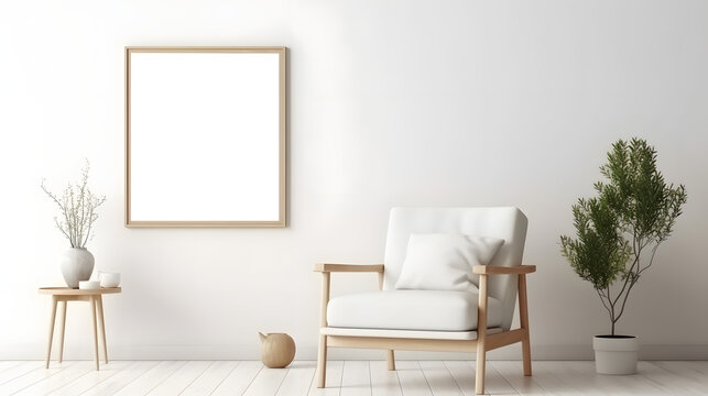 white and transparent Frame mockup, ISO A paper size. Living room poster mockup. Interior mockup with house white on white background. Modern interior design. 3D render