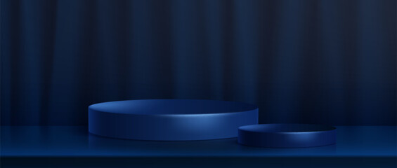 3d dark blue podium. Product display platform. Abstract studio room with empty stage. Navy circle pedestal on floor. Luxury realistic presentation banner interior mockup with curtain on background.