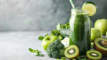 Healthy Green Smoothie in a Mason Jar Surrounded by Fresh Ingredients on a Textured Background. Perfect for Clean Eating Concepts. AI - obrazy, fototapety, plakaty