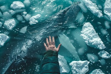 Man hand against the backdrop of a swimming whale in icy waters surrounded by ice floes and covered with a layer of snow