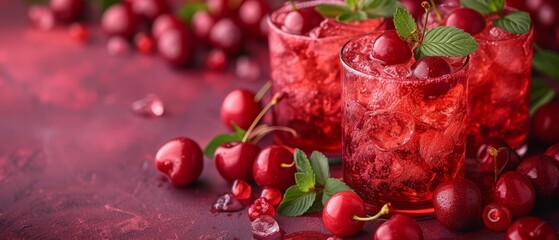   A tight shot of two glasses, each brimming with ice and red cherries Nearby, a plentiful cluster of cherries sits on the table